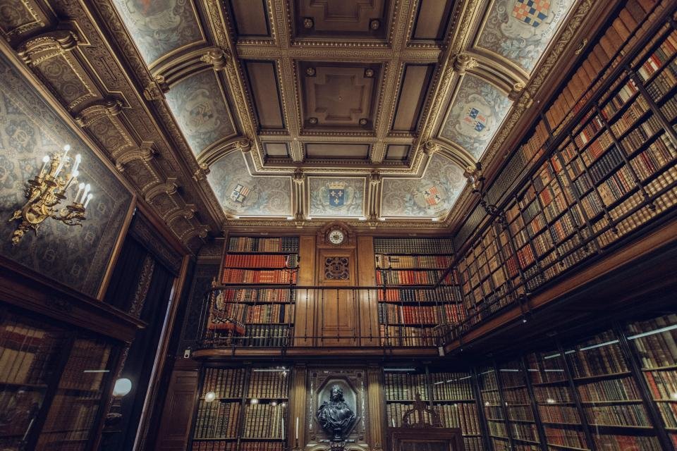 A grand library hall lined with books